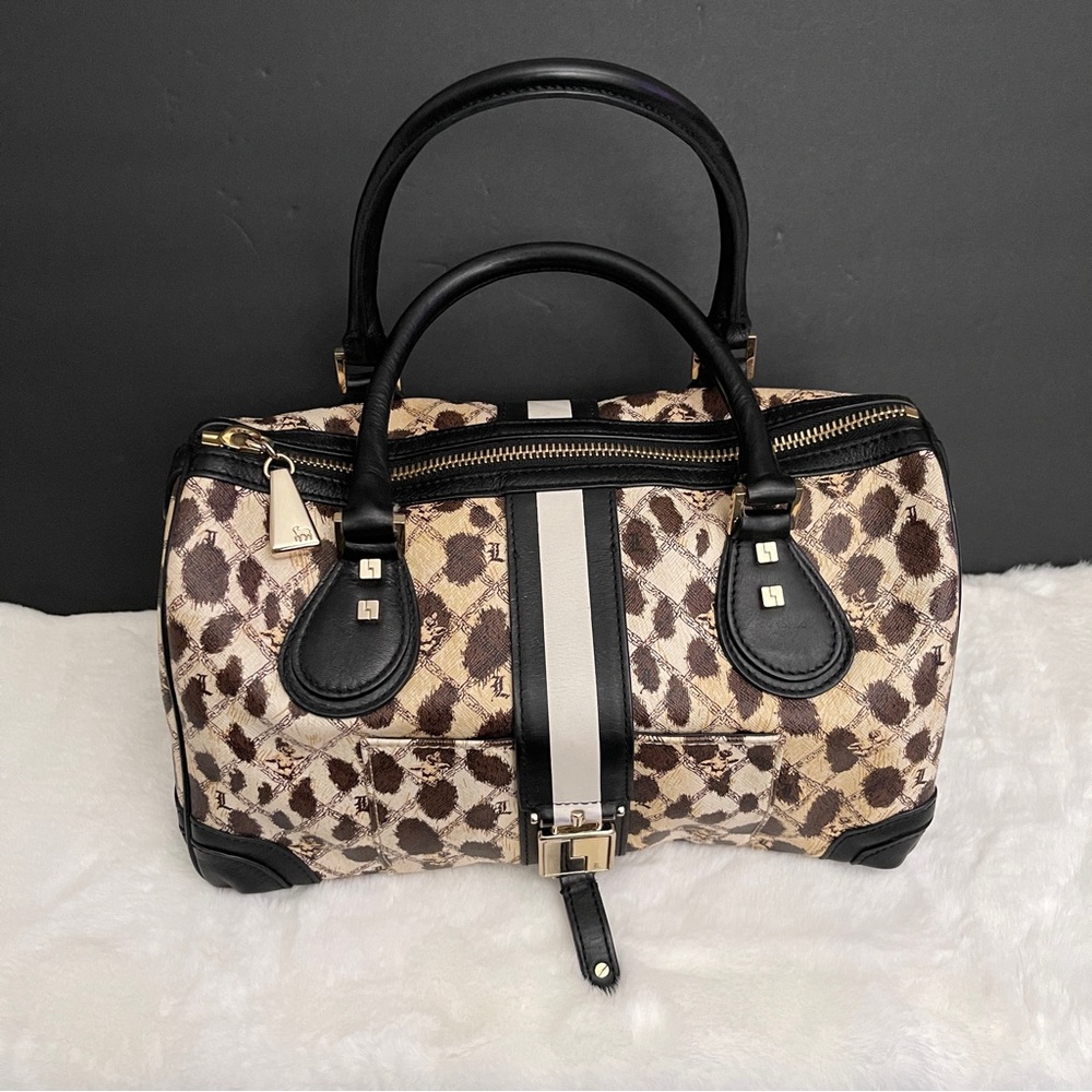 L.A.M.B. Leopard Print Satchel with Black and White Stripes